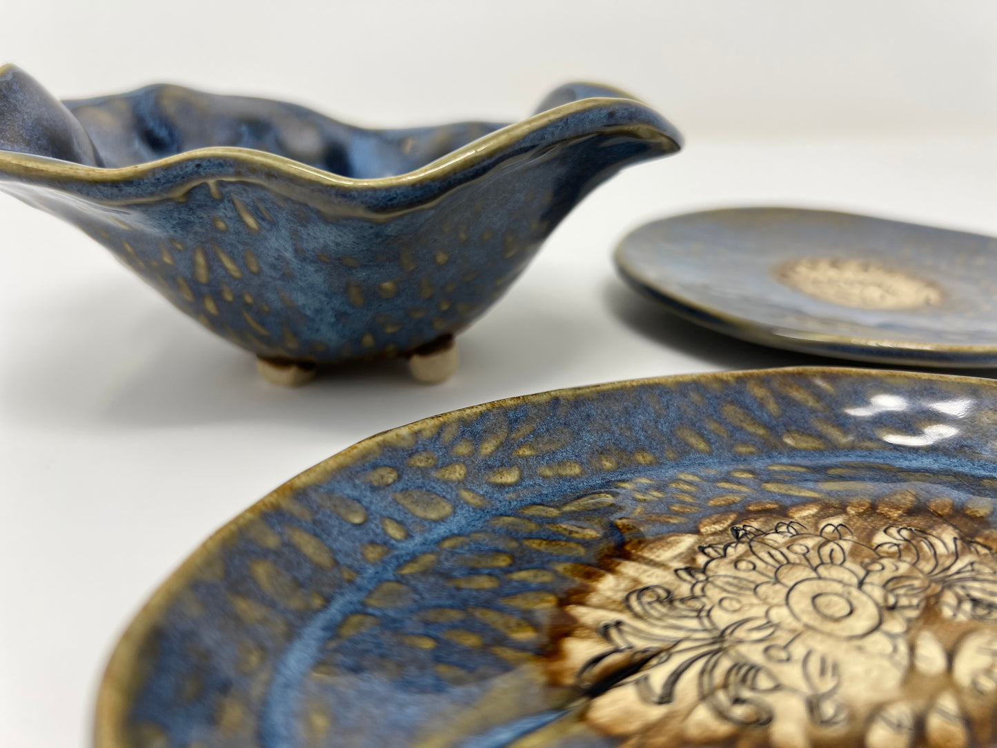 Mini Wavy Footed Bowl | Handmade Pottery & Ceramics | Blue Ember Collection – Textured Denim & Golden Accents