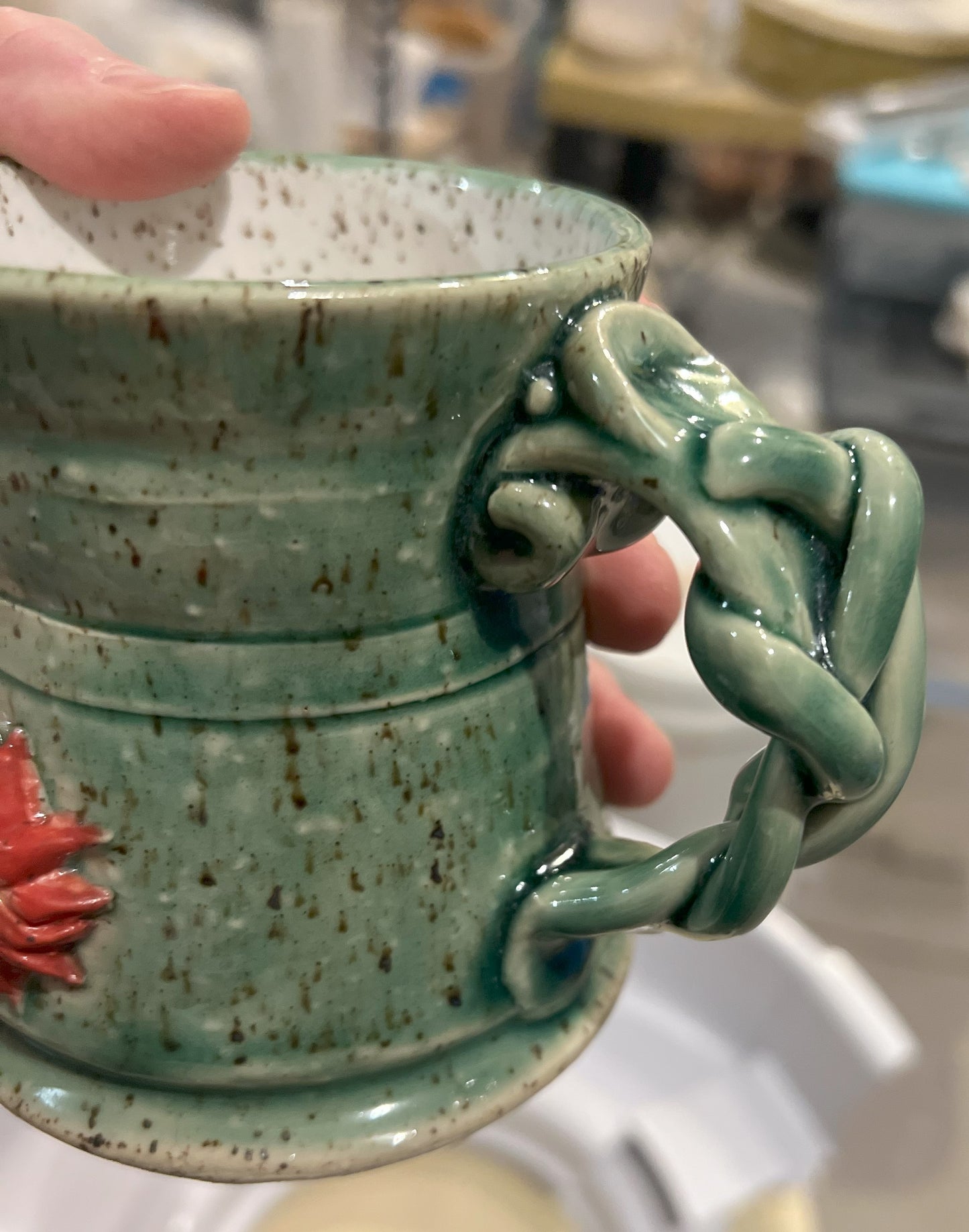 Coffee Mug | Handmade Pottery & Ceramics | Speckled Flower Mug with Vine Handle