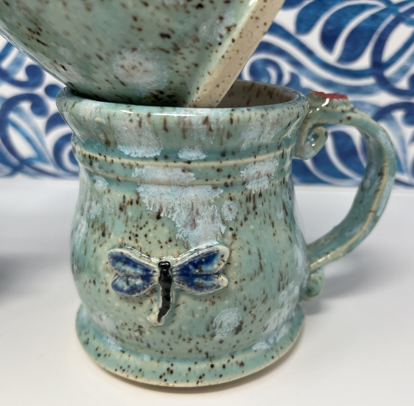 Coffee Mug | Handmade Pottery & Ceramics | Speckled Dragonfly Mug with Floral Handle