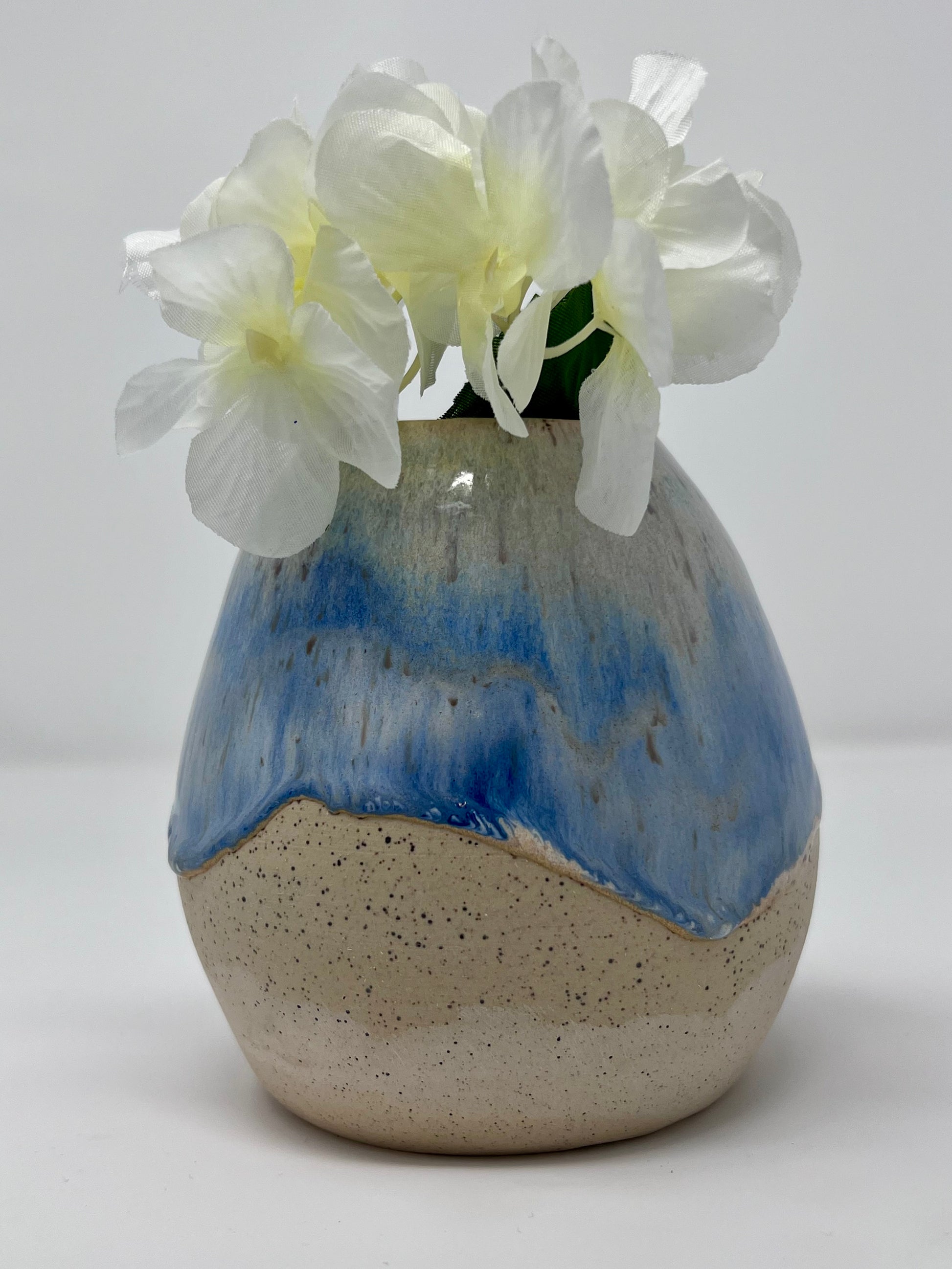 Handmade Ceramic Vase - Speckled Clay with Ocean Cascade Glazing with Small Flowers