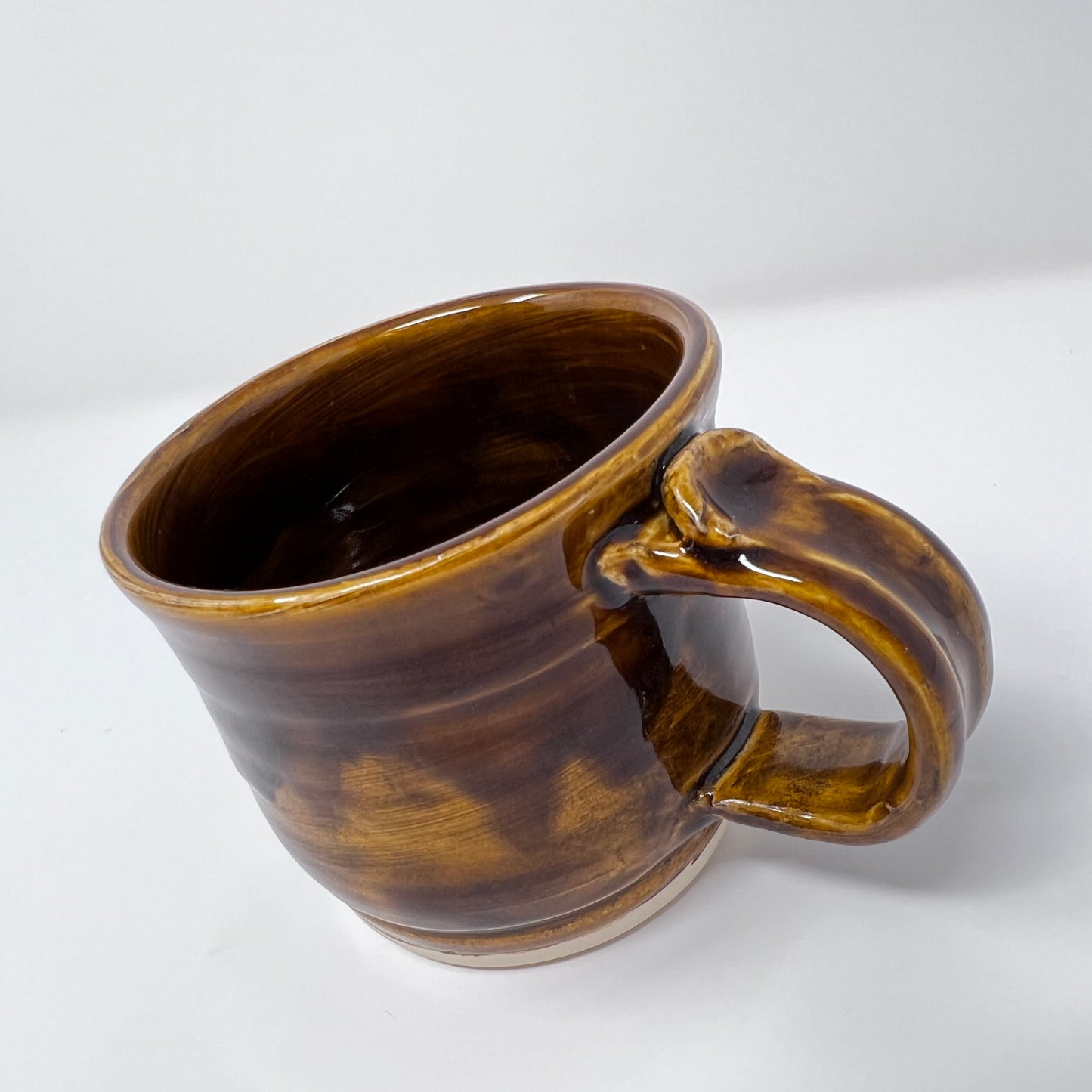 Handmade Ceramic Coffee Mug - Button with Drippy Dark Caramel Glazing - Side view