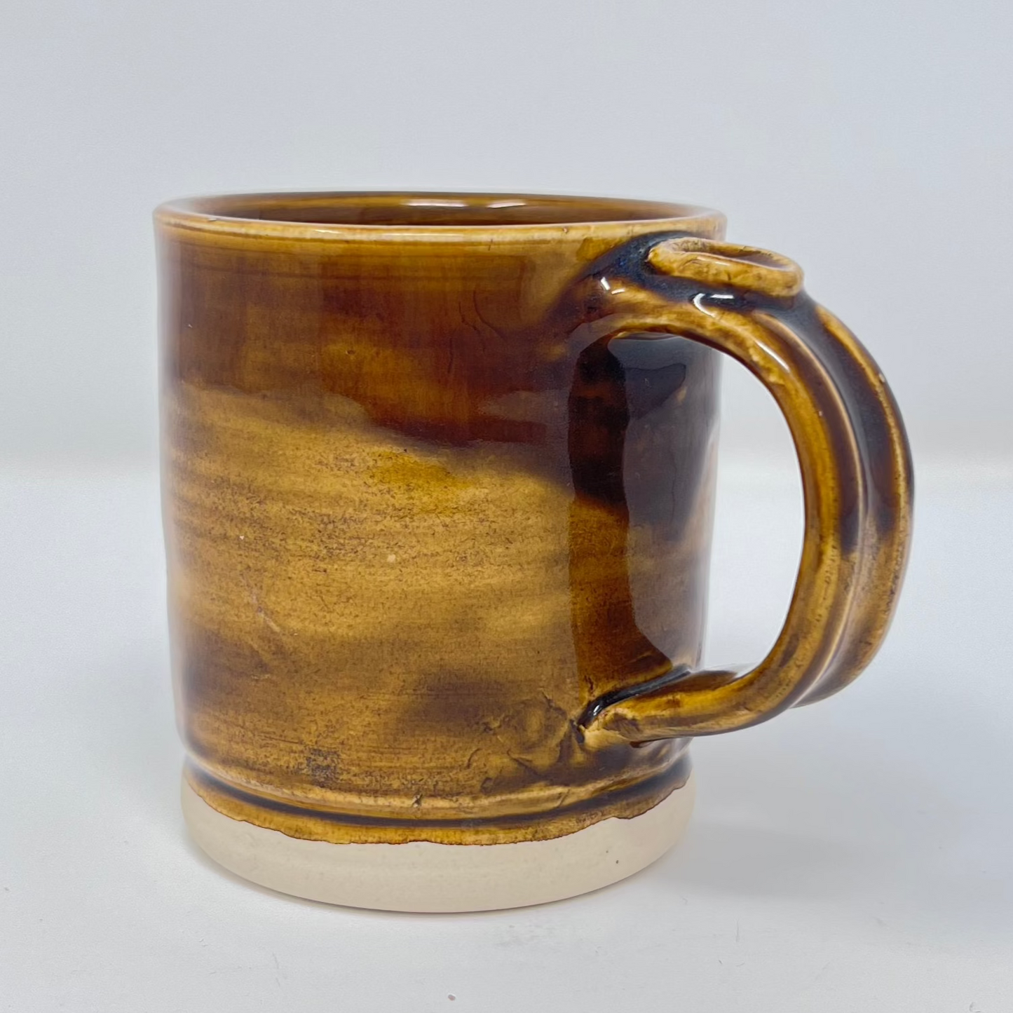 Handmade Ceramic Coffee Mug - Button with Drippy Dark Caramel Glazing