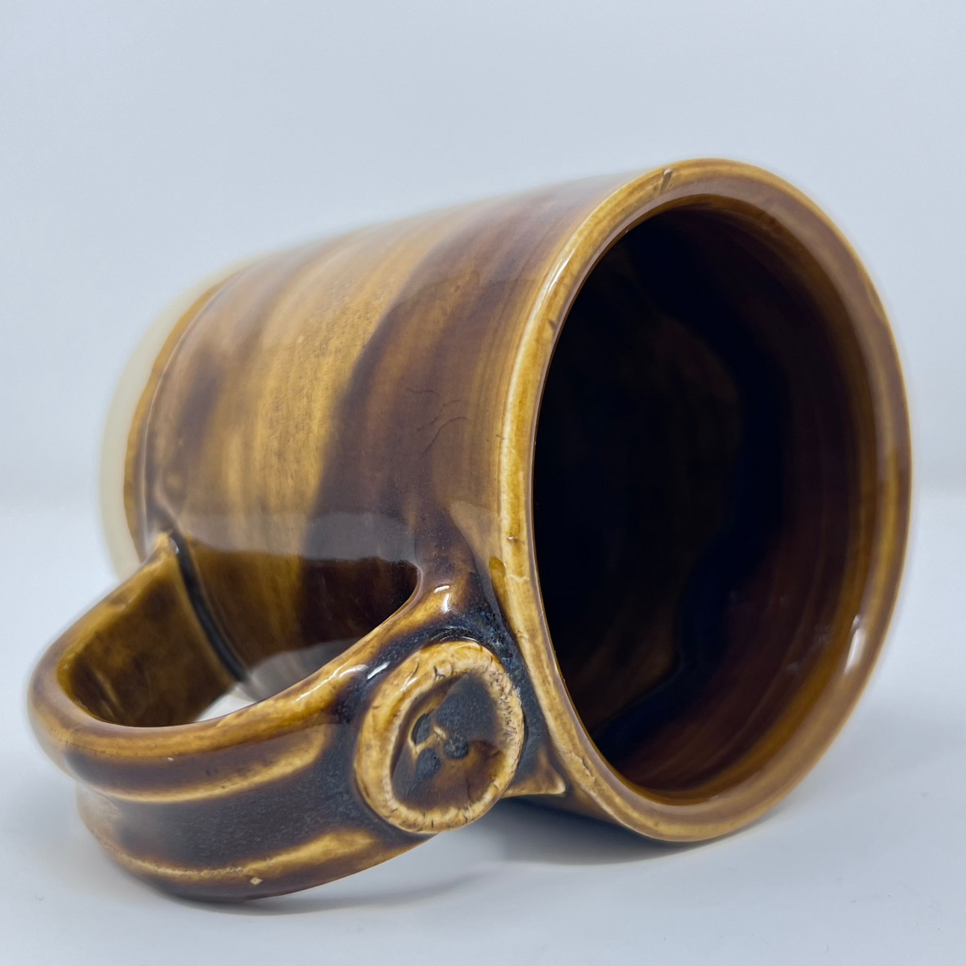 Handmade Ceramic Coffee Mug - Button with Drippy Dark Caramel Glazing - Side view