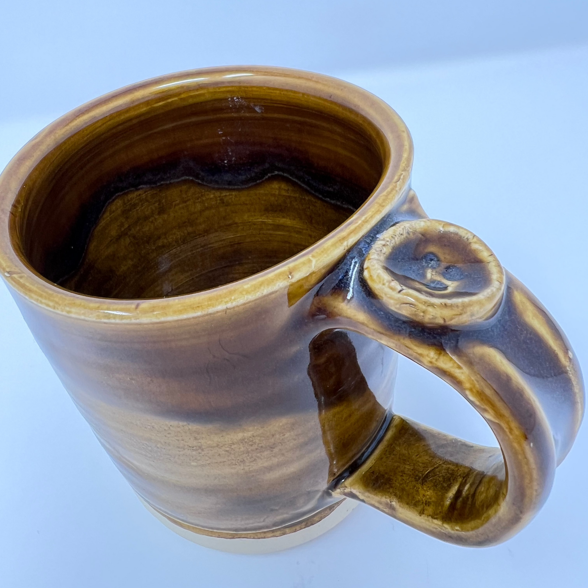 Handmade Ceramic Coffee Mug - Button with Drippy Dark Caramel Glazing - Inside/Handle view