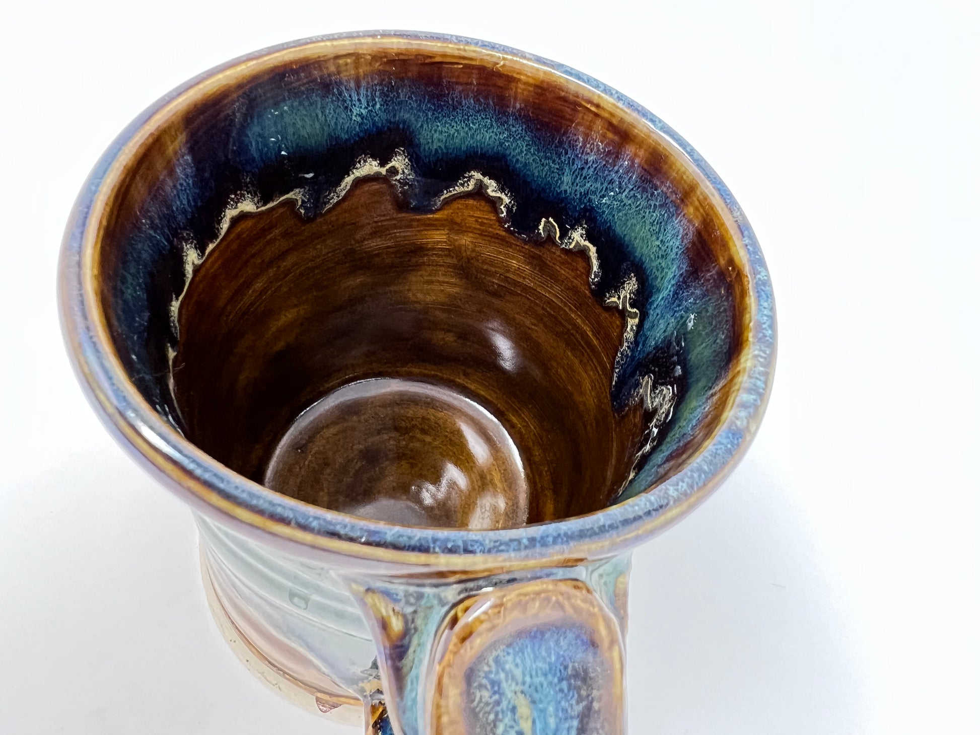 Handmade Ceramic Coffee Mug - Peacock Glazing - Enlarged Inside/Handle view