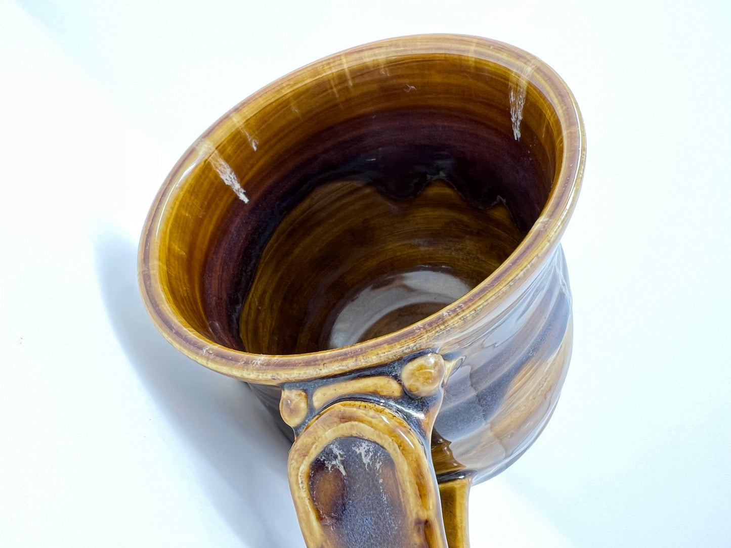 Handmade Ceramic Coffee Mug |- Button with Drippy Dark Caramel Glazing - Inside/Handle view