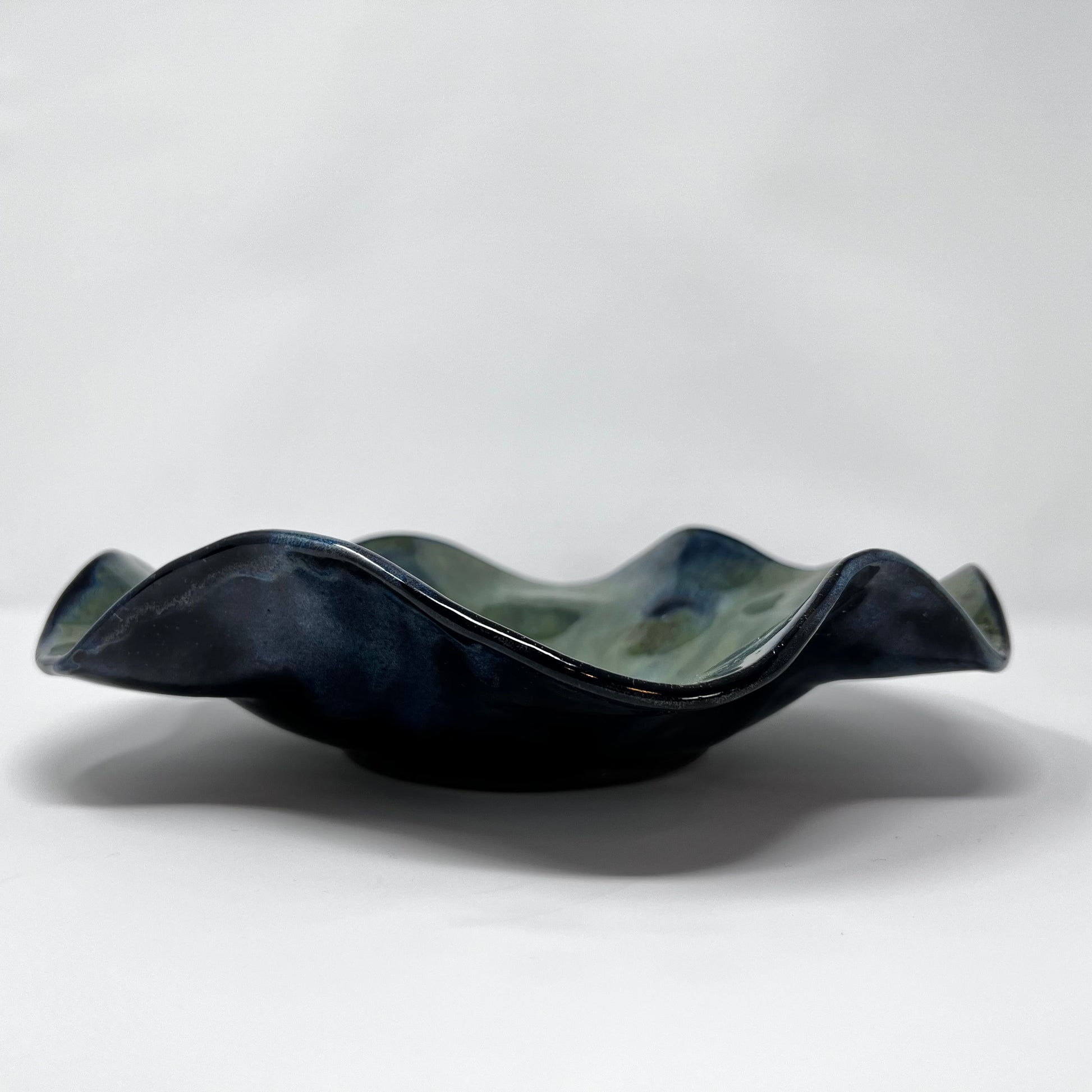 Handmade Ceramic Ruffled Decorative Bowl - Aqua Seaweed Glazing