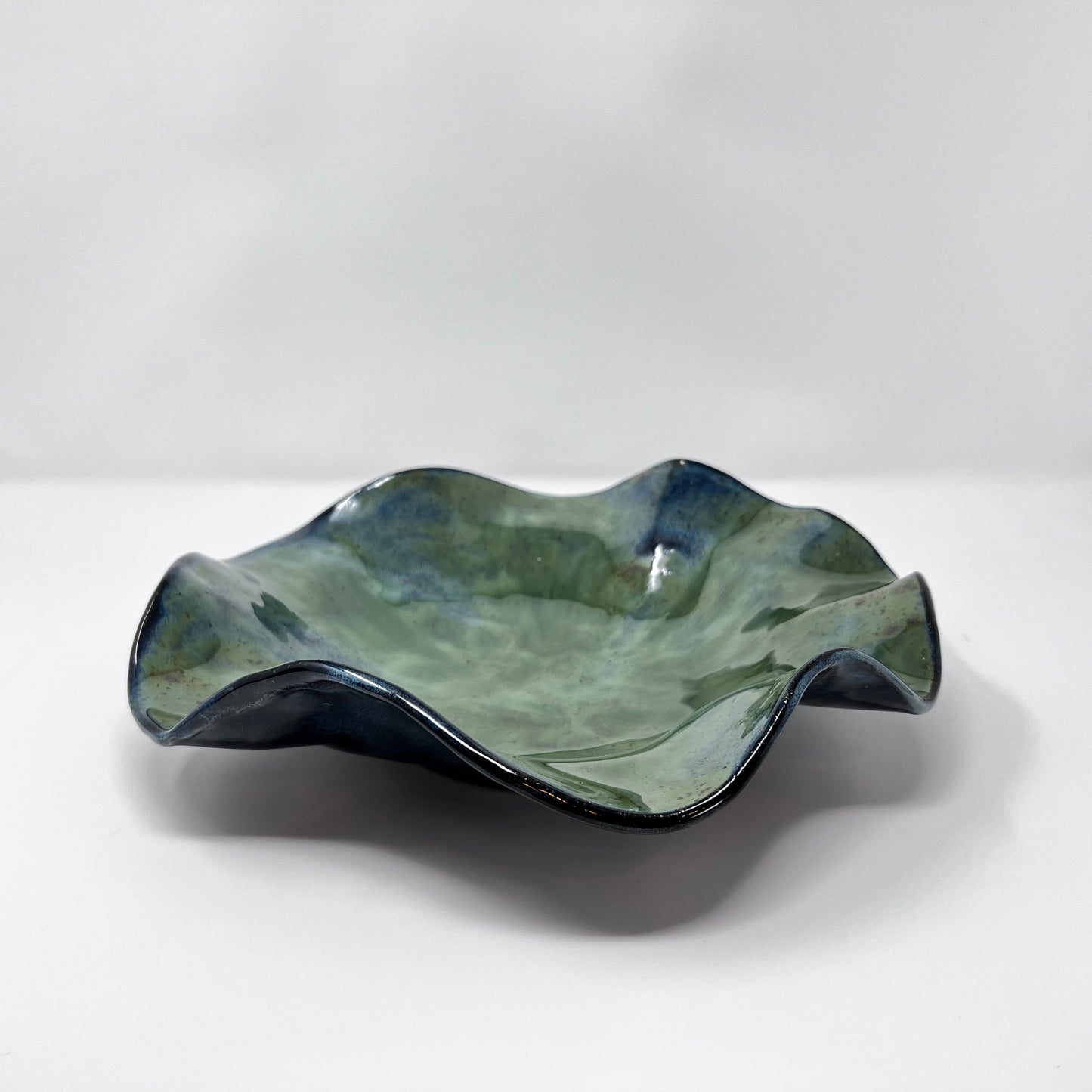 Handmade Ceramic Ruffled Decorative Bowl - Aqua Seaweed Glazing