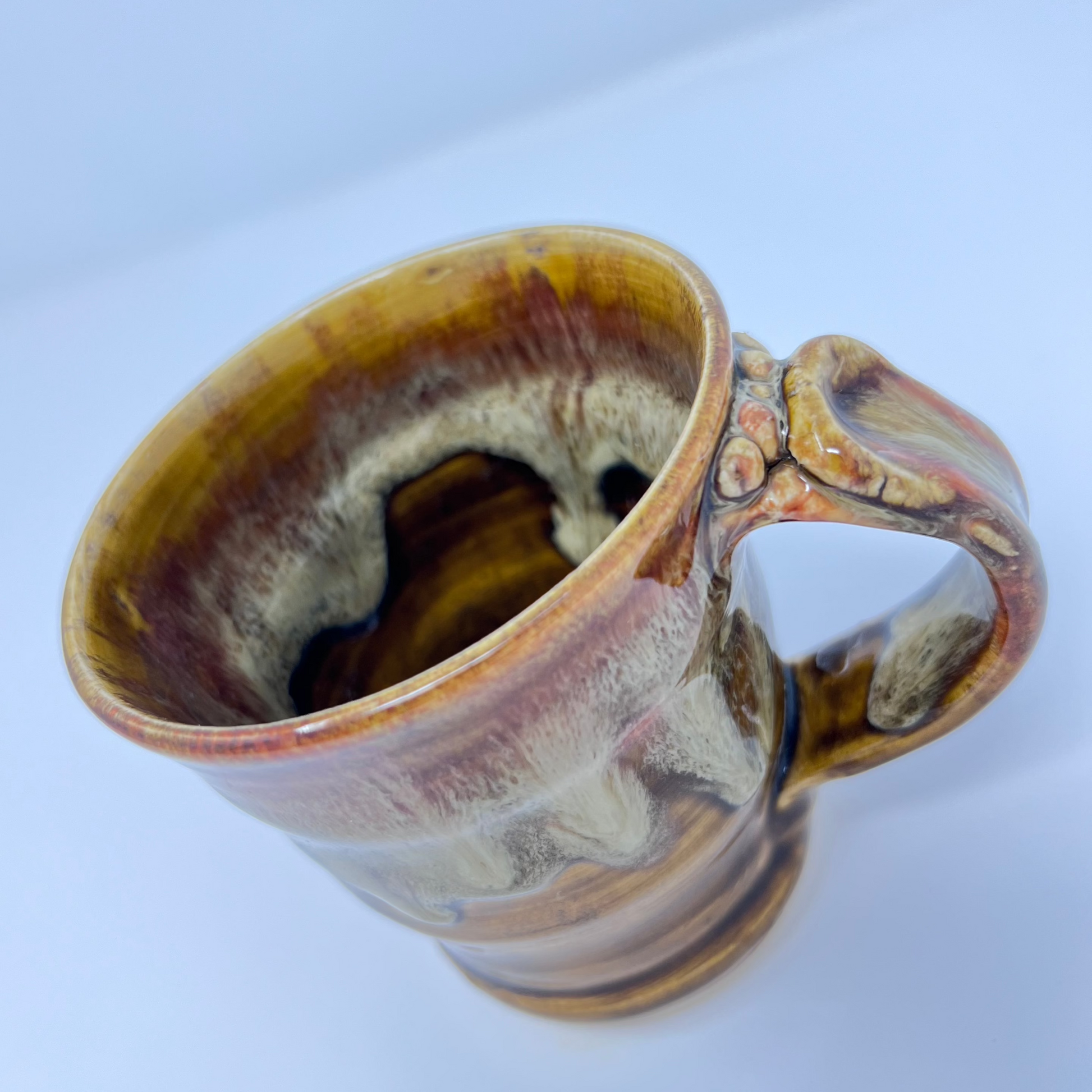 Handmade Ceramic Coffee Mug - Earthy Drip Glaze with Sculpted Handle - Enlarged Inside/Handle view