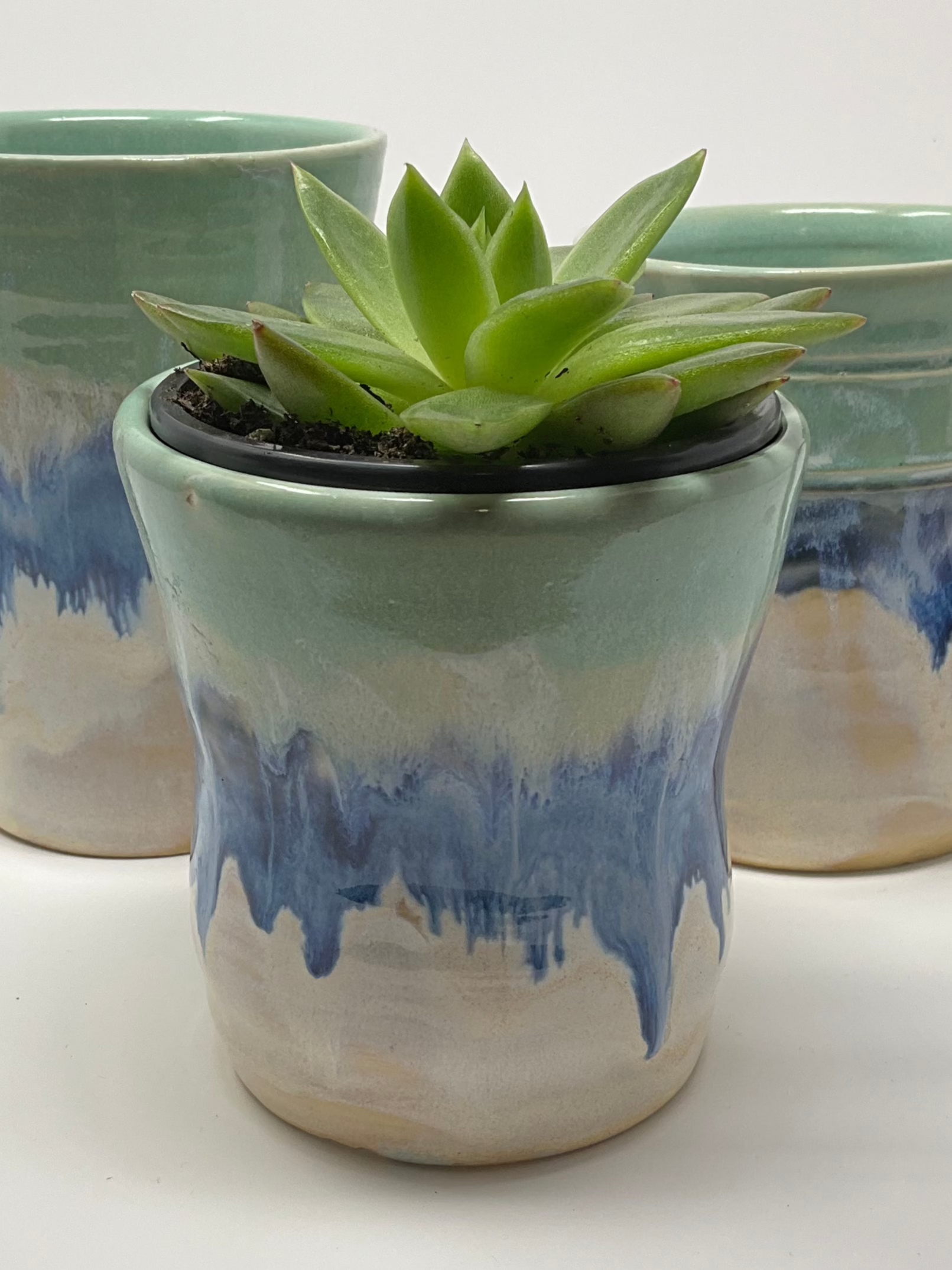 Handmade Ceramic Planter - Ocean Cascade Glazing with Small Succulent Plant