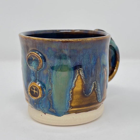 Handmade Ceramic Coffee Mug - Peacock Glazing with Accent Buttons