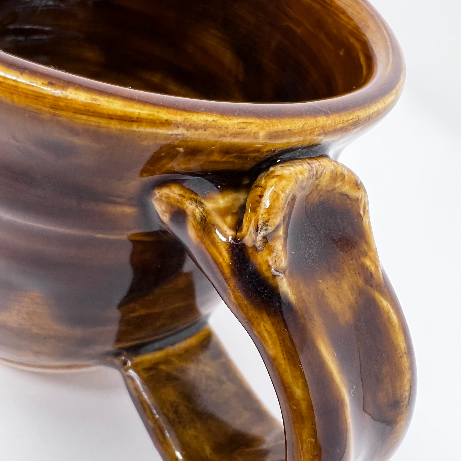 Handmade Ceramic Coffee Mug - Button with Drippy Dark Caramel Glazing - Enlarged Handle view