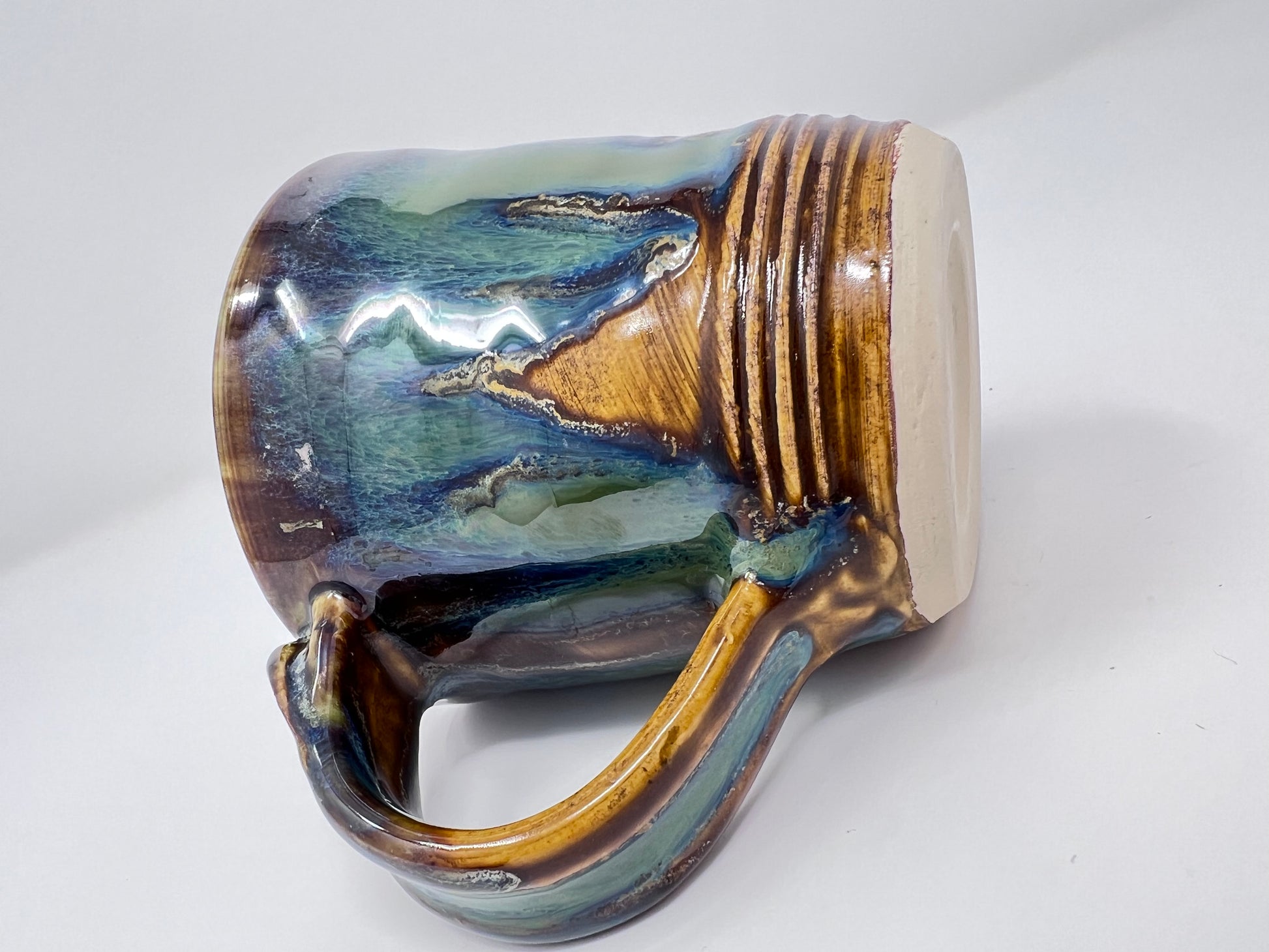 Handmade Ceramic Coffee Mug - Peacock Glazing - Side view