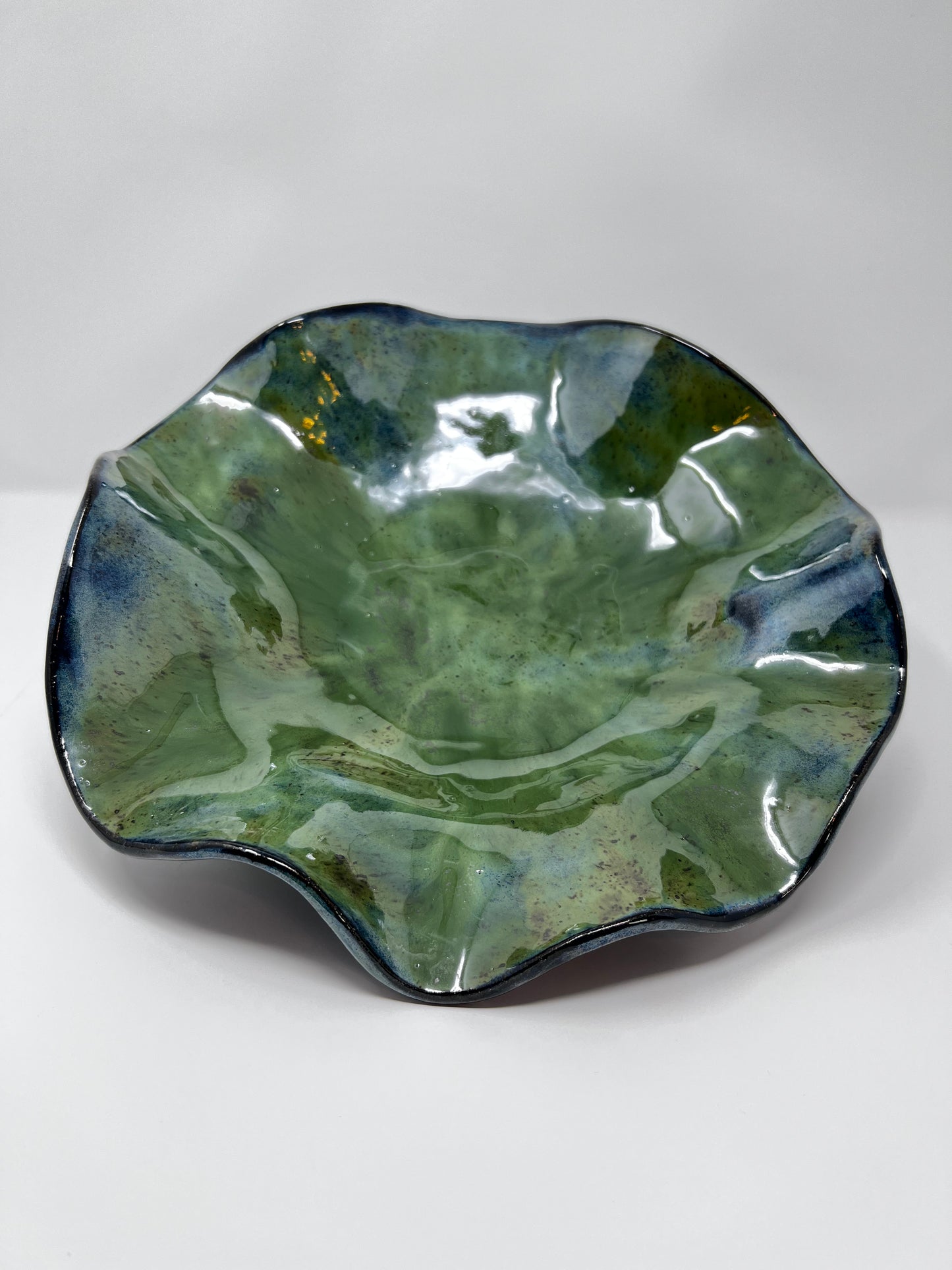 Handmade Ceramic Ruffled Decorative Bowl - Aqua Seaweed Glazing - Top view