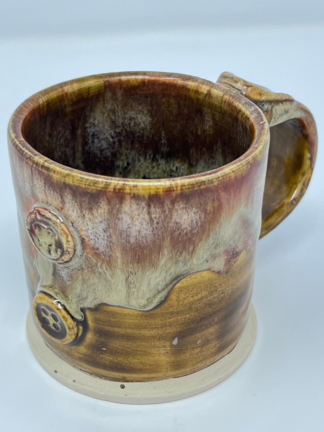 Handmade Ceramic Coffee Mug - Earthy Drip Glaze with Sculpted Handle and Button Accent 