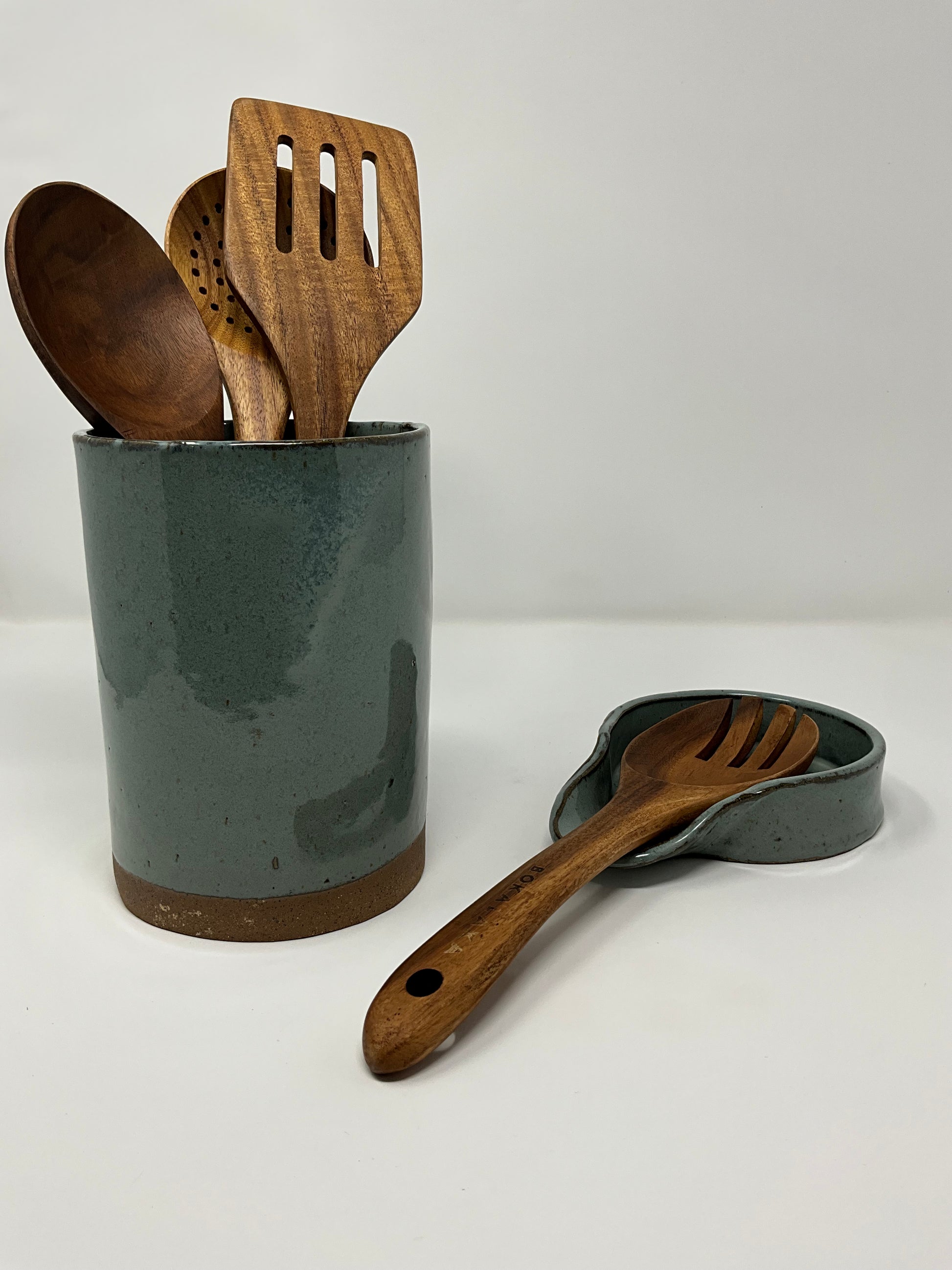 Handmade 1ceramic Kitchen Utensil Holder - Antique Green Glazing