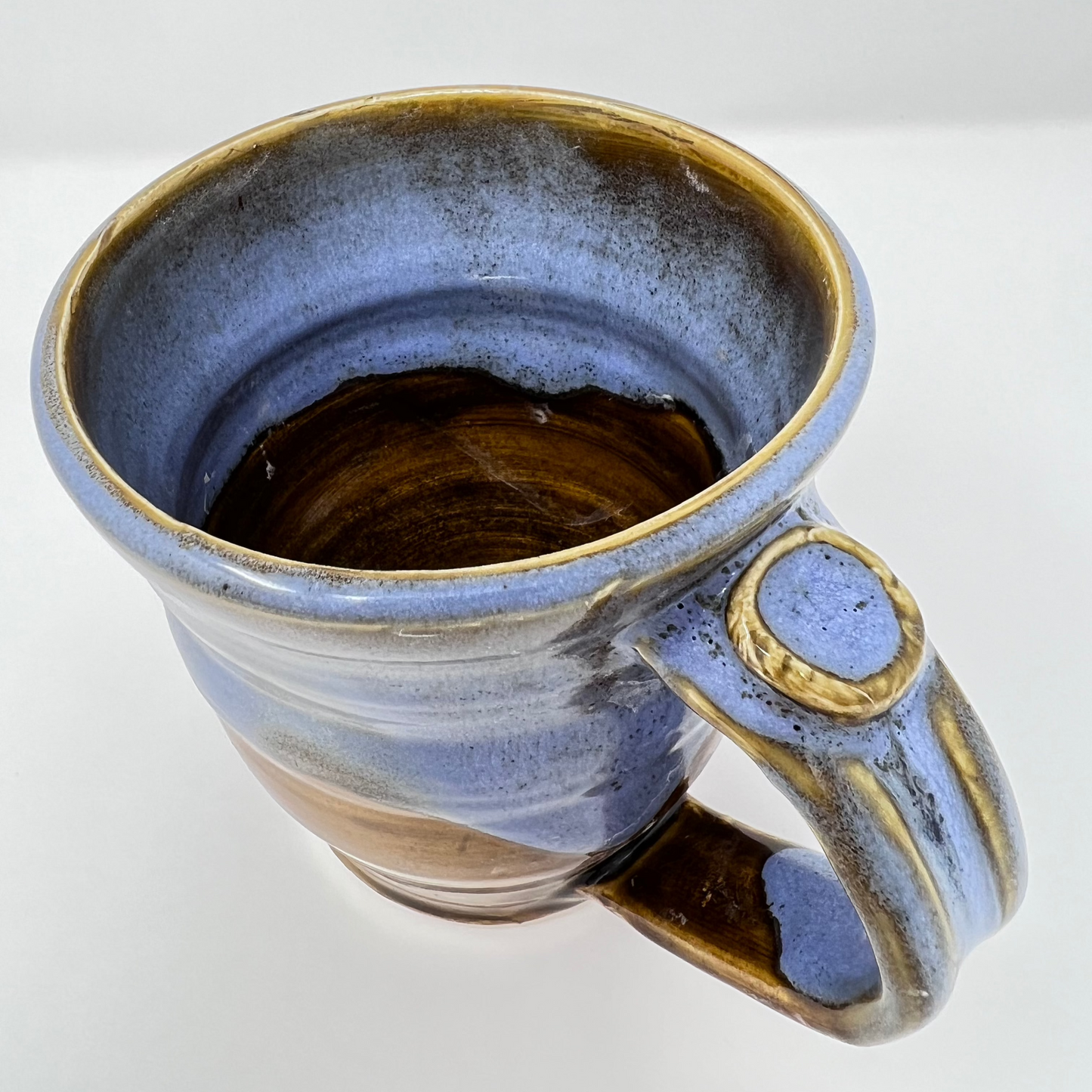 Handmade Ceramic Coffee Mug - Sky Blue Glazing with Accent Button - Inside/Handle view