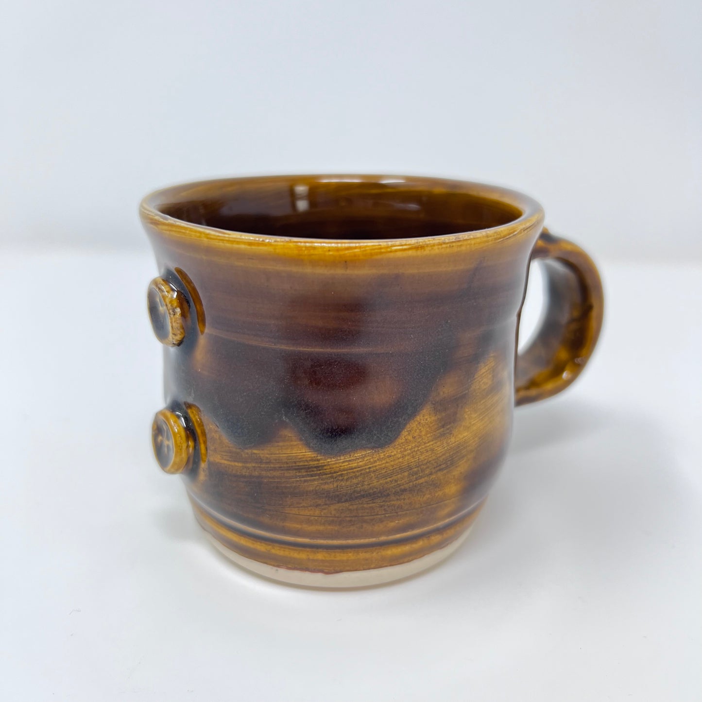 Handmade Ceramic Coffee Mug - Button with Drippy Dark Caramel Glazing