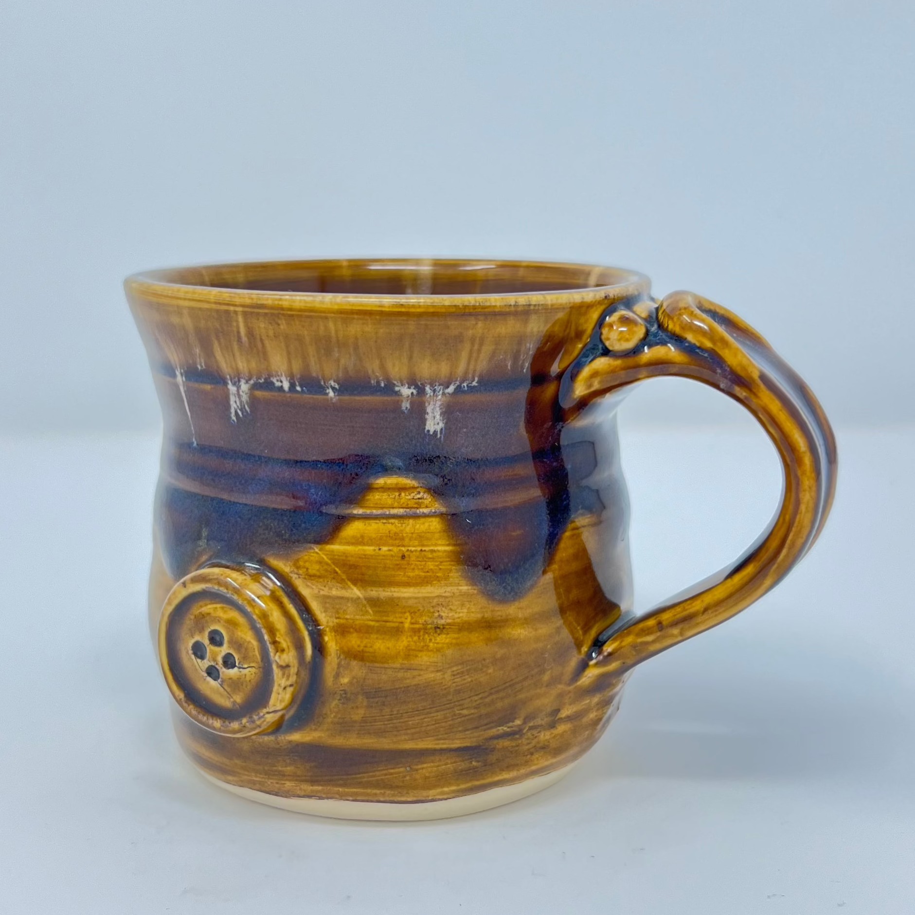 Handmade Ceramic Coffee Mug |- Button with Drippy Dark Caramel Glazing